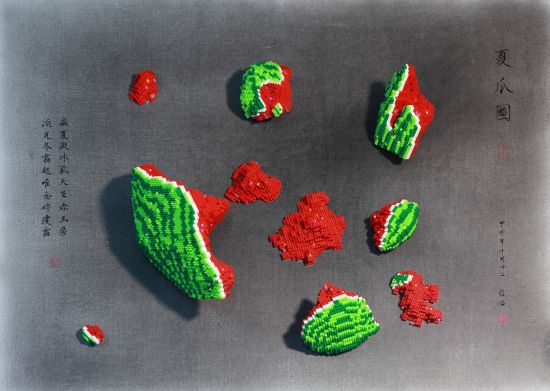 张哲溢ZHANG ZHEYI，夏瓜图Watermelon， LOZ塑料积木LOZ plastic bricks，尺寸可变variable installation，2014
