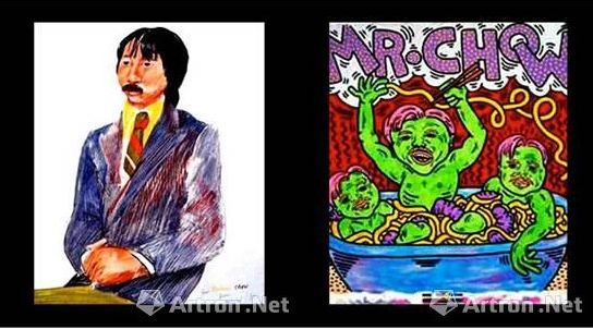 Mr Chow餐馆内悬挂有安迪・沃霍尔(Andy Warhol)制作的周英华肖像的内部；左下是大卫。霍克尼(David Hockney)向周英华致敬的作品；右下为凯斯・哈林作品。版权所有：Mr Chow。
