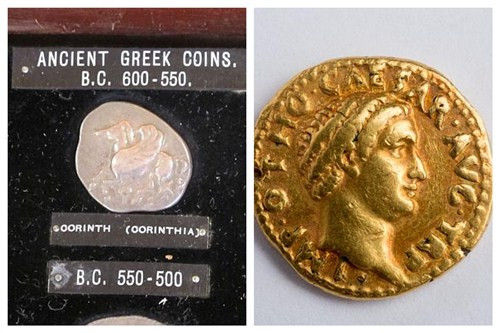 希腊银币（左）与印有凯撒头像的罗马金币（右）。