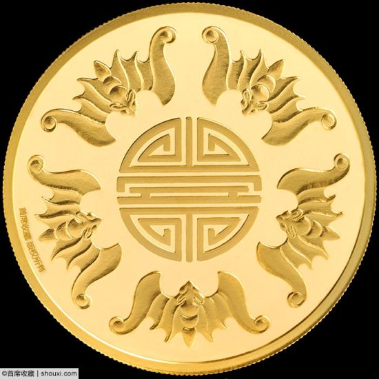 2012年中国龙年盎司黄金背面：五福捧寿