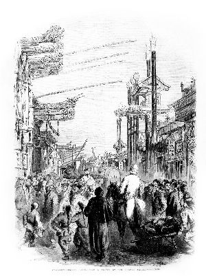 　1861年2月16日《伦敦新闻画报》刊文描述英国军官在北京琉璃厂古玩街采购古董的情景，并配有一幅速写  图片据北京时代华文书局出版《遗失在西方的中国史》 一书