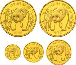 1986年熊猫“P”版精制金币一套五枚