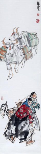 史国良 绘画(牧牛图) 藏区风情 镜片 尺寸： 134*34