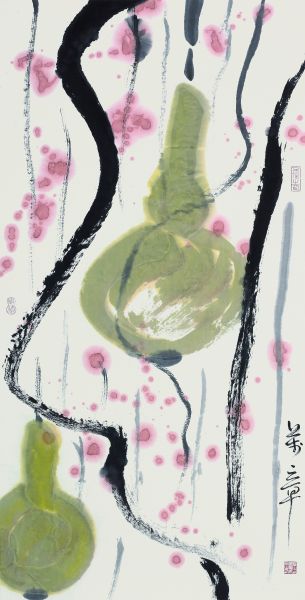 朱万章《秋雨·葫芦》，纸本设色，96x53厘米，2014年