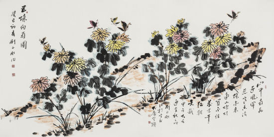 画家刘正刚作品《五蝶向菊》