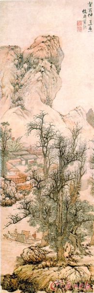 明 蓝瑛 《秋山渔隐图》 140cmx45cm 中国画