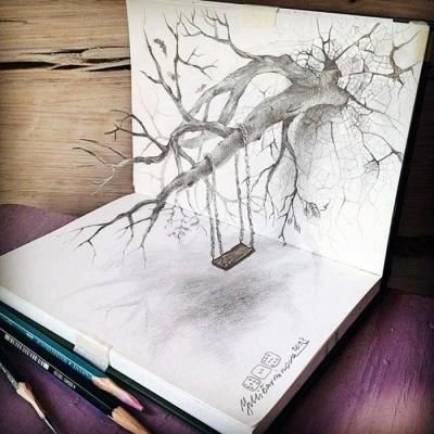 3D铅笔画有穿透力：树木像从纸张里长出来