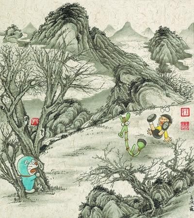 哆啦A梦穿越进中国水墨画 网友：萌萌哒