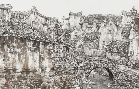  小桥流水绕山村60×90cm