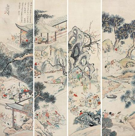 王素 百子嬉春图 设色纸本 四屏