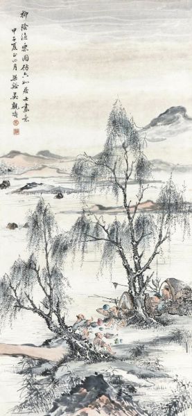 吴观涛柳荫渔乐图