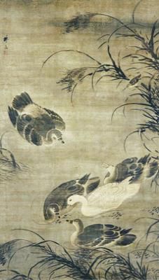 鹅泳图 林良作绢本设色，纵172.4厘米，横98.9厘米，现藏于美国弗利尔美术馆