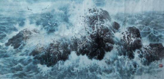 国画作品涛声起，156cm*98cm，1996年 ，广州