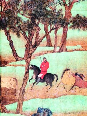 北京故宫博物院藏元赵孟頫《秋郊饮马图》（局部）