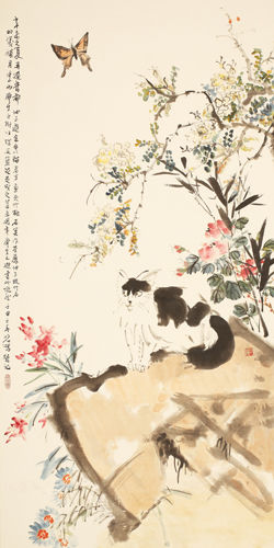 徐悲鸿等八人合绘《猫蝶花卉图》立轴 1931年作 纸本设色 纵134厘米 横67厘米