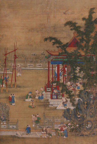 仇英  庭院婴戏图  绢本设色 立轴  157×103cm