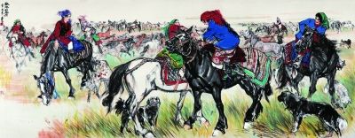欢腾的草原（国画）  142×360厘米 1981年  黄 胄