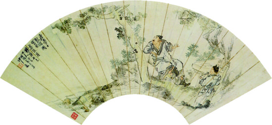 沙馥《饮酒》图扇，纸本，设色