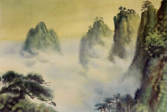 潘思同创作于1963年的水彩画《黄山云霞》