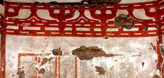(唐开元)武惠妃敬陵墓室壁画，双层阑额之上再绘朱白彩画