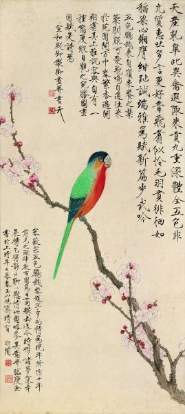 杏花鹦鹉（工笔） 92.5×42厘米 1941年 于非闇 北京画院藏
