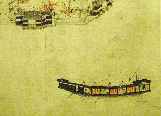 “南宋西湖全景图”画中的大游船是海船，船长而窄，尖底，两头高翘