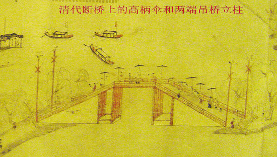 “南宋西湖全景图”断桥上游人仆役打的清朝高伞，以及桥两边的康熙立柱