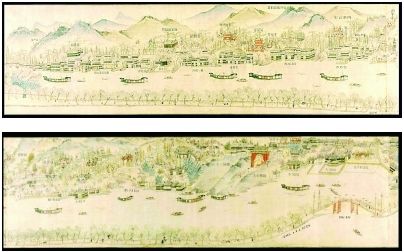 　　流失在海外的古画（局部），画卷上的地名为浙江杭州古都文化研究会的文史学者陈珲标注。（资料照片）