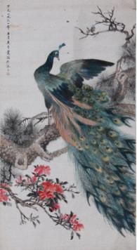 吴青霞  孔雀屏开 设色纸本 镜心 137×70cm