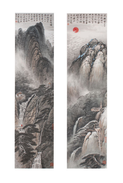 四条屏安徽四大名山黄山立马峰、天柱雪霁-童乃寿-2010年-纸本中国画（138×34cm×2）