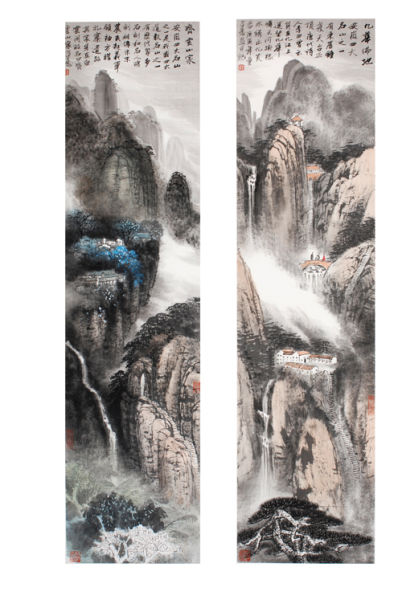 四条屏安徽四大名山九华佛地、齐云山家-童乃寿-2010年纸本中国画(138×34cm×2)