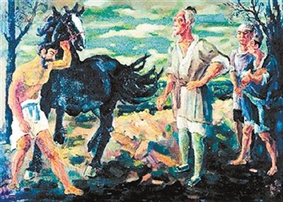 题款为“徐悲鸿”的油画《九方皋》被指原作是国画而非油画。（资料图片）