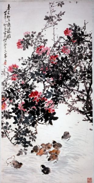 吴茀之《蔷薇小鸡》1948年作