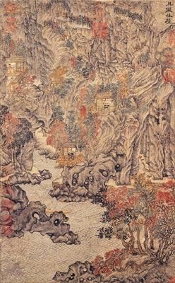 《具区林屋图》，王蒙作 纸本设色，纵68.7厘米，横42.5厘米，现藏于台北故宫博物院