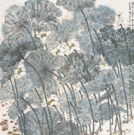 程小琪《碧荷生幽泉》，136cm×136cm，纸本设色，2011