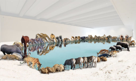 装置“遗产”（艺术效果图），由99件仿真动物模型和水池、沙子组成。