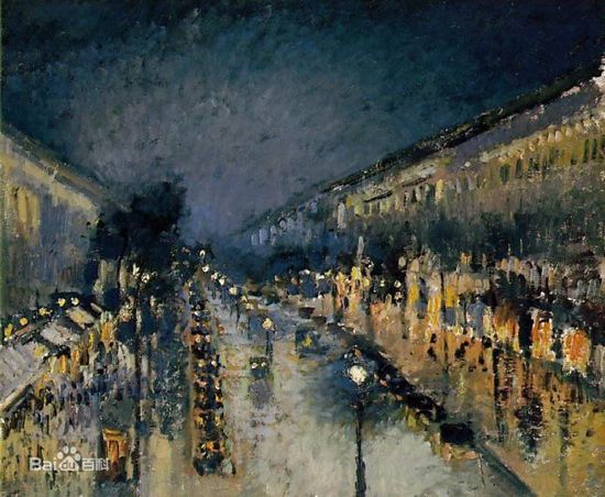 　　卡米耶·毕沙罗油画《蒙马特大街的夜晚》