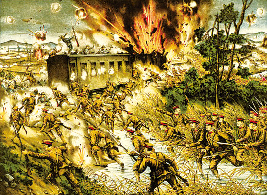 7步兵十四联队二十中队爆破铁路，把火车也炸翻了。日本兵的疯狂可见一斑。