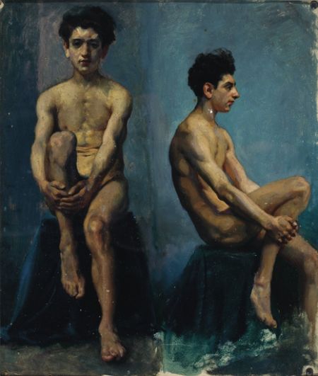 　　徐悲鸿《男人体正侧面速写》，52×44cm，布面油彩，约1924年 　此作为徐悲鸿赴法期间所作。体造型严谨，结构精准，用色考究，暖黄色人体与冷蓝色背景色彩对比响亮悦目，用笔肯定有力，一气呵成。