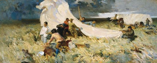 　　詹健俊《起家》 　140×348cm 　　布面油彩 　1957年 　这幅画的题目是颇有象征意味的。这是詹健俊自己艺术上的“起家”的时期，也是中国油画在新的文化情境中“起家”的时期。