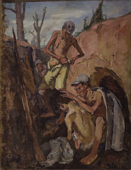 　　冯法祀《捉虱子》，布面油画，151×114cm，1948年 　闻一多在《冯法祀战地写生画展观后》中写道：“这是人间生活的写照，在画面上是以人为主体的。”