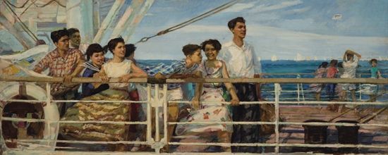 　　曹达立《归国路上》 　111×267cm 　　布面油彩 　1961年 　曹达立在这幅画上，记录了他远涉重洋，国土在望时的激动心情。在凭舷眺望的青年眼前，一切都充满了希望。