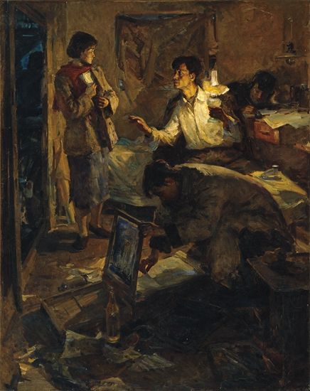 　　侯一民《地下工作者》，210×176cm，布面油彩，1957年 　此画是侯一民在马克西莫夫油画训练班的结业创作，又名《地下印刷所》，描绘的是画家本人亲身经历的真实事件。