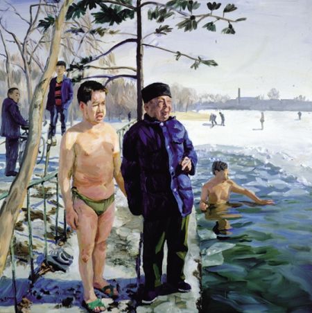 　　刘晓东《白胖子和他爸》，200×200cm，布面油彩，2000年 　“胖”是刘小东关注现实的一个切入点，他在这件作品中对皮肤惨白、虚胖的城里人的刻画，仿佛是对这种针对皮肤深浅的审美偏见的报复，彰显着一以贯之的现实主义态度。