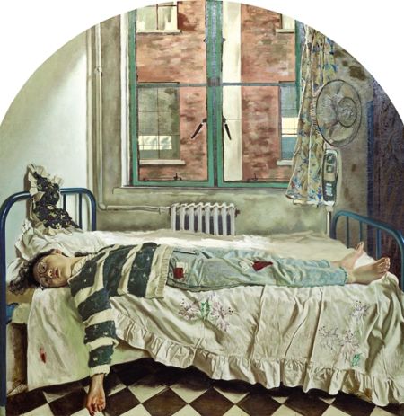 　　赵半狄《在那个早晨》，200×190cm，布面油彩，1990年 　赵半狄以写实的手法描绘日常生活的一个细节，从人物慵懒、迷惘的状态中，观众可以体会到1990年代青年人面临的普遍困惑。