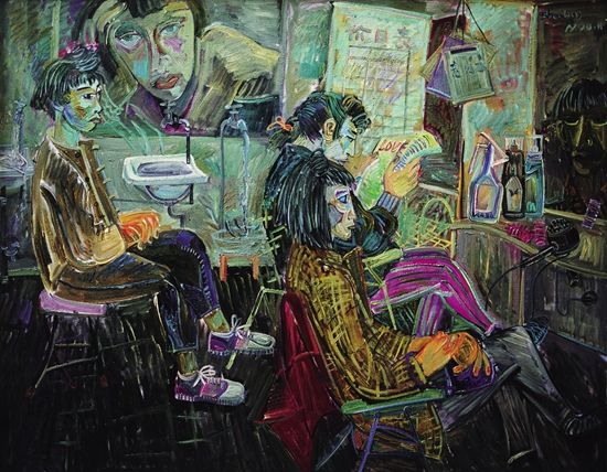 　申玲《发廊系列-1》，150×190cm，布面油彩，1990年 　申玲1990年代的作品带有强烈的叙述性，“地点”大多是教室、工作间、出租房以及附近的“理发店”等。