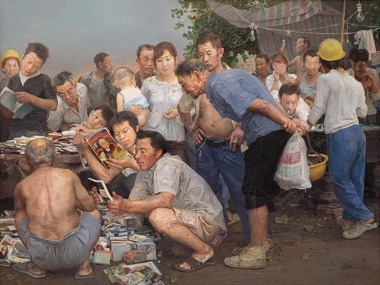 　　忻东旺《消夏》，210×280cm，布面油彩，2009年 　忻东旺对人物的深刻理解、同情直到悲悯，全都来自于他自身的经验。他的艺术中有一种民间式的幽默，但这种幽默并没有改变他的艺术作品本身具有的深刻的悲剧性。