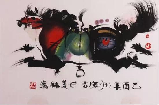 韩美林《马》 设色纸本 镜片 2014年 ps：莫言最近说：韩美林是当代艺术的奇迹。 ps：韩大师擅长画马，他画出的马，了了几笔就活灵活现地将马的神态表现出来。徐悲鸿大师画的马是写实手法，韩美林大师画的马抽象之中有夸张，既有中国国画的意境，又有西方油画的韵味。