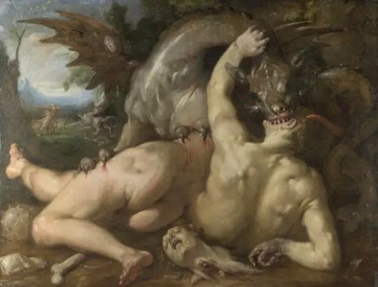 ▲ 《两位被恶龙吞噬的卡德摩斯侍从》，Cornelis von Haarlem