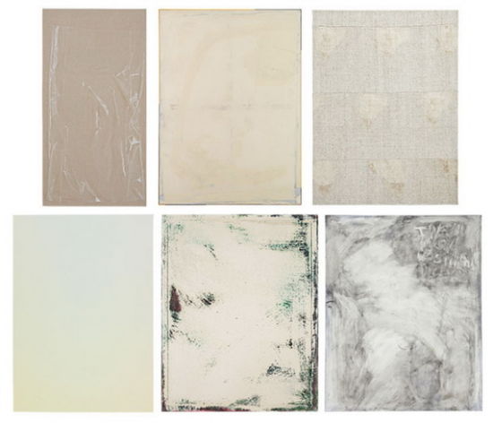 一幅画可以是毫无变化的米黄色…… 　　上排从左到右分别是：Plastic Sheeting (2012)， by Helene Appel；F (A Thing Is a Thing in a Whole Which It’s Not) (2012)， by David Ostrowski；Untitled (2005)， by Sergej Jensen 　　下排从左到右分别是：Untitled (Indiscretion 2) (2013)， by Scott Lyall；Waterhome Screen AQ (2013)， by James Krone；Graphite Girlfriend (2012)， by Nick Darmstaedter